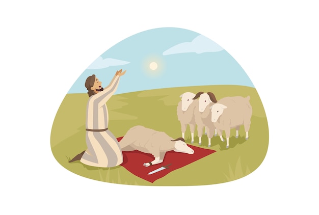 Young man guy shepherd cartoon character praying to god ready for killing ship lamb as sacrifice for Lord.