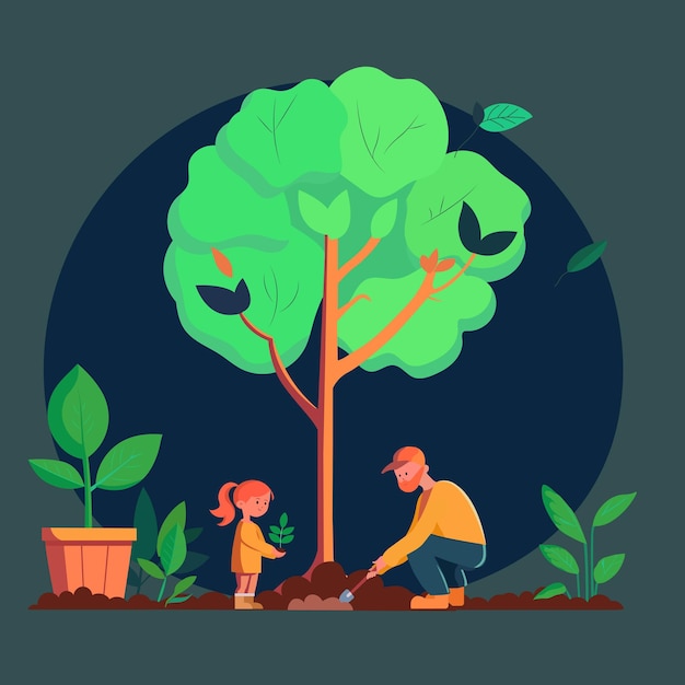 Young Man And His Daughter Character Gardening Together On Nature Green Background