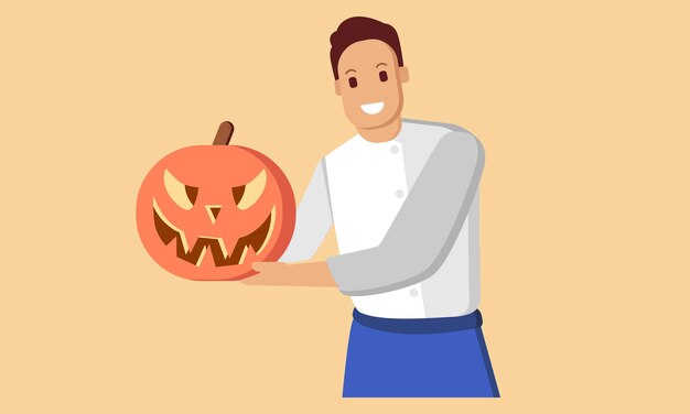 Young man hold halloween pumpkin head