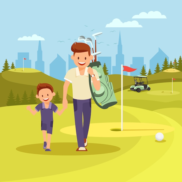 Young Man Holding Hands with Son Going Play Golf.