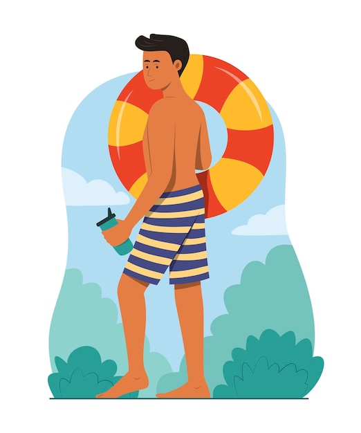 Young Man Holding Inflatable Ring for Enjoy Summer Activity