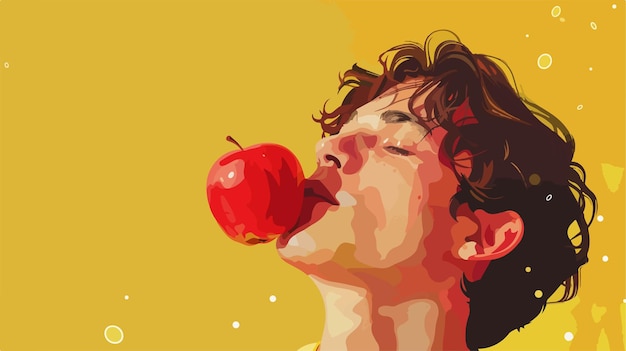 Vector young man holding tasty apple on yellow background