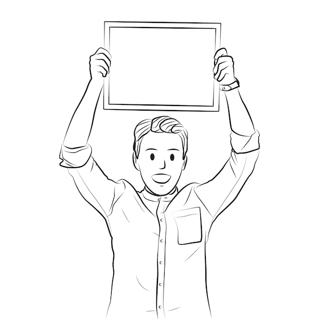 young man holding white board line art Cartoon illustration