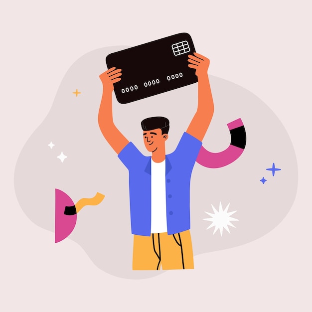 Young man holds a big credit card. Modern client of bank. Personal finance concept, digital money for business. Hand drawn vector illustration isolated on light background. Modern flat cartoon style.