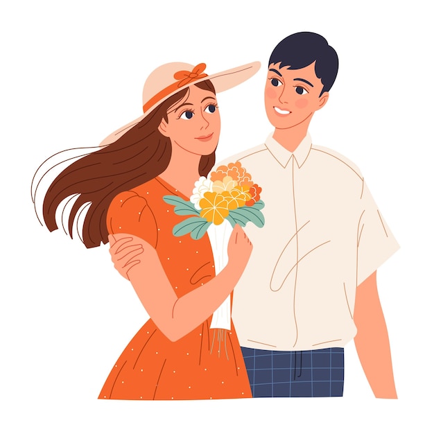 Young man is courting a girl, gave her a bouquet of flowers.