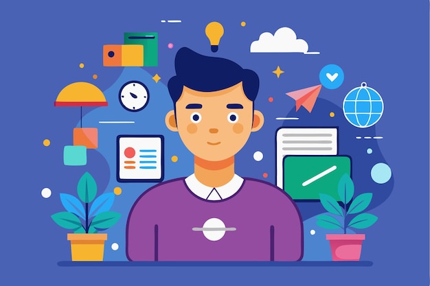 A young man is depicted with various creative icons around him showcasing a lively design atmosphere Post Customizable Flat Illustration