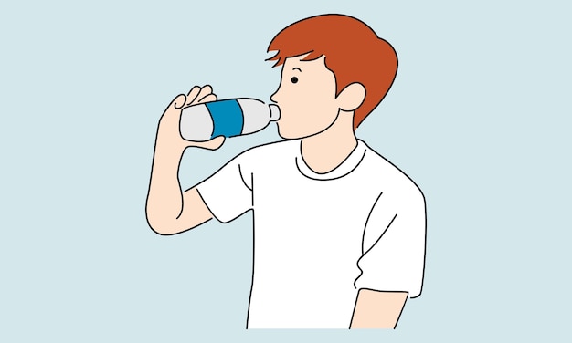 Young man is drinking water from a bottle