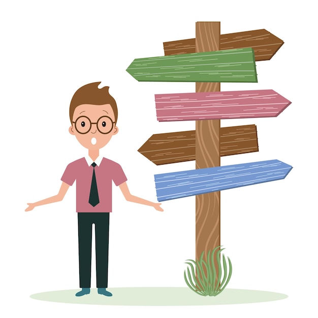 A young man is thinking about choosing a path and a signpost. Idea concept, vector