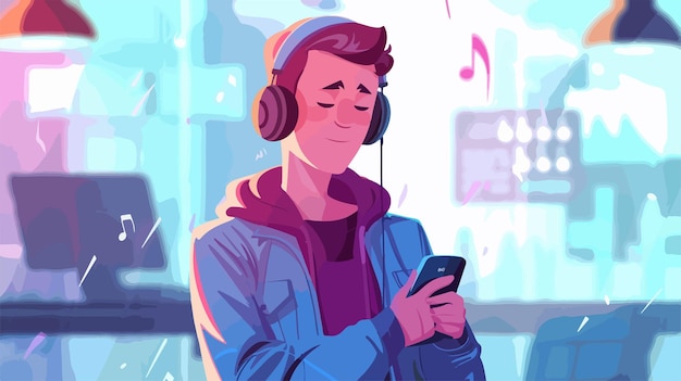 Vector young man listening to music on headphones with smartphone