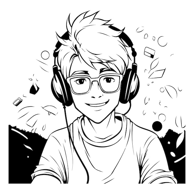 Vector young man listening to music with headphones vector illustration in black and white