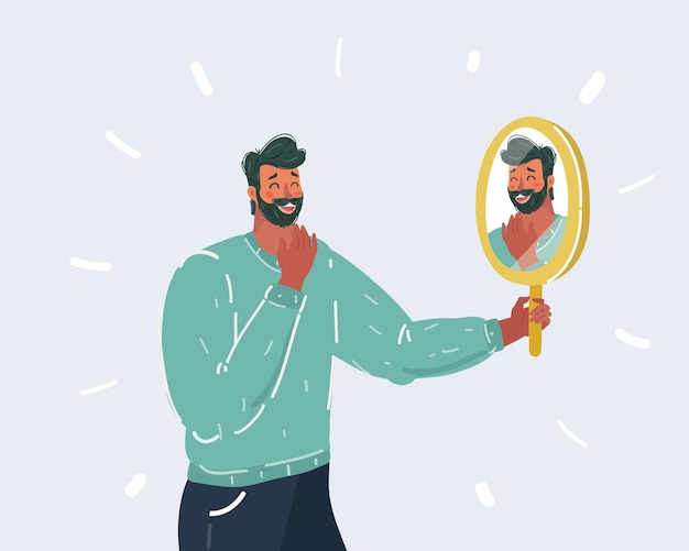 Vector young man looking at reflection in hand mirror