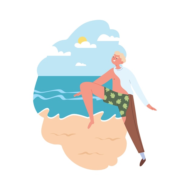 A young man makes a jump in summer Vacation thirst Sandy seashore Enjoy the hot summer Flat vector hand drawn illustration All elements are isolated