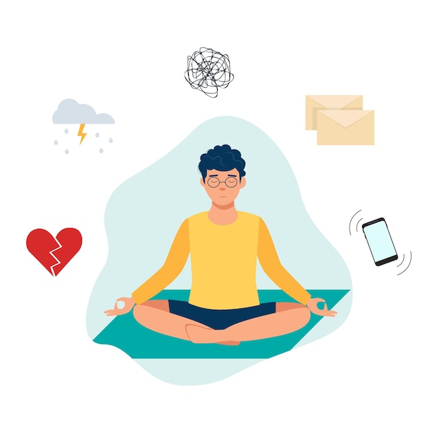 Young man meditate for mental health Flat illustration