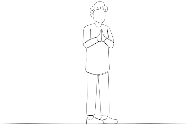 A young man in Muslim clothing giving greetings to celebrate Eid alFitr one line art