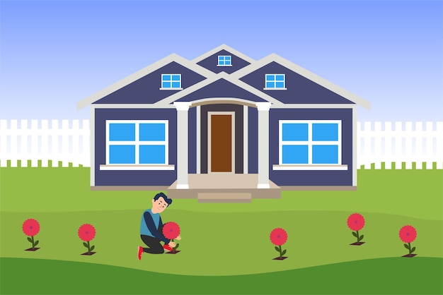 Young man planting flowers in front of his house yard vector concept Man flat character design with red flower plant and modern house vector A boy is gardening and taking care of flower plants