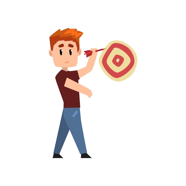 Young man playing darts, man aiming with a dart at the target vector Illustration isolated on a white background.