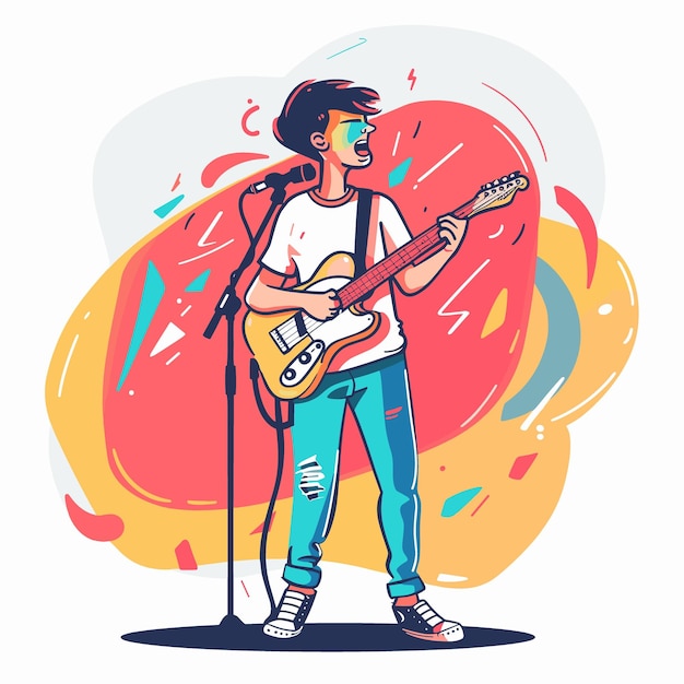 Young man playing electric guitar Vector illustration in flat cartoon style