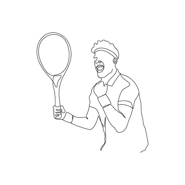 Young man playing tennis. One line vector art. Tennis player with racket during the match.