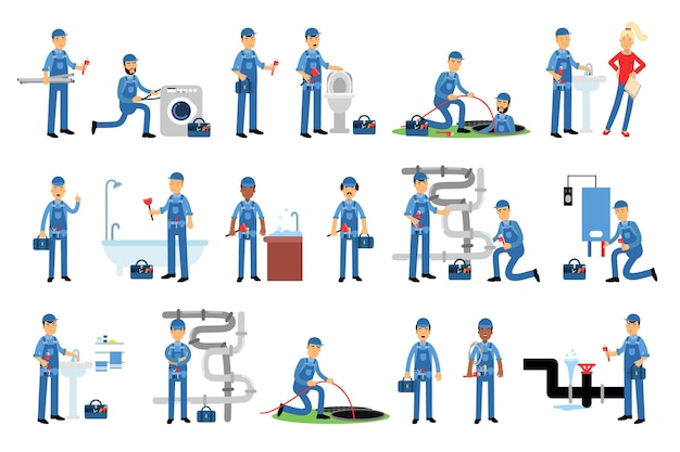 Vector young man plumber wearing blue overall fixing tubes and pipe lines vector illustration set