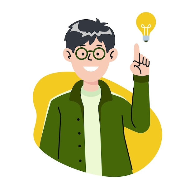 Young man pointing up with creative idea flat illustration