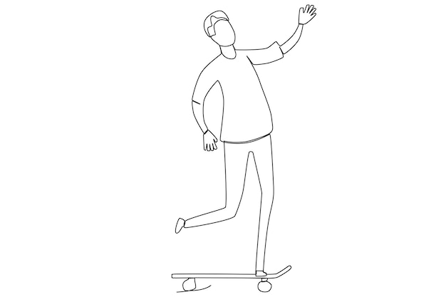 A young man practising skateboard tricks in the street one line art