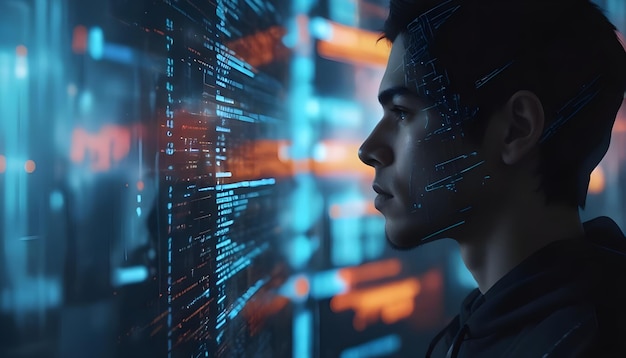 Young man in profile looking at a futuristic transparent display screen with lines of code and digital data Concept for programming hacking cybersecurity and technology