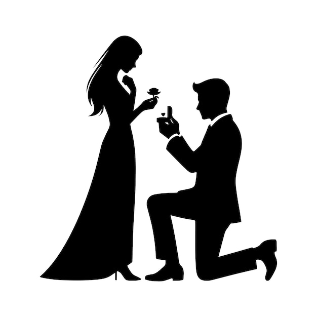 Young man proposing to his beloved for Happy Valentines Day celebration silhouette vector