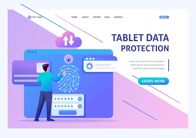 Young man provides data Protection on tablet antivirus settings Flat 2D character Landing page concepts and web design