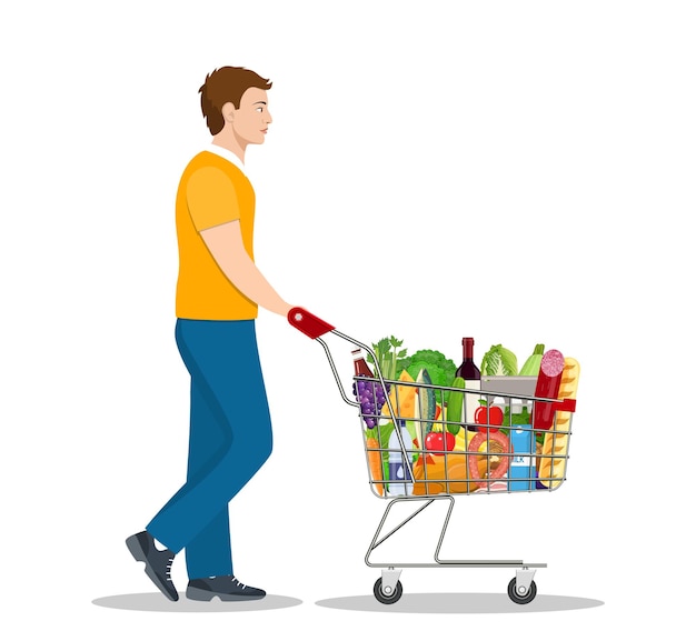 Young man pushing supermarket