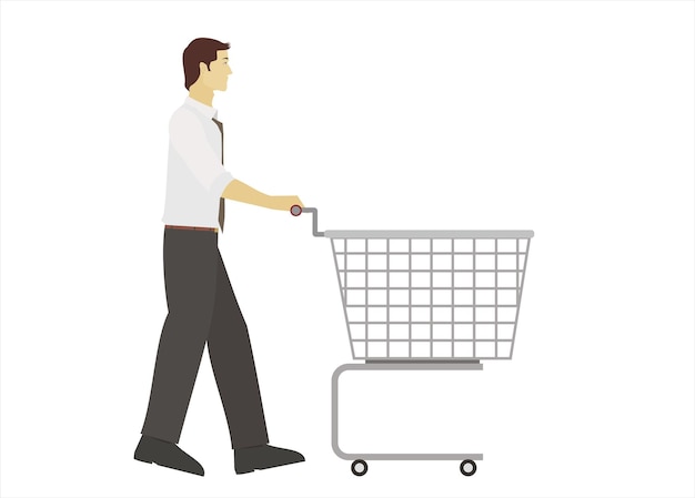 Vector young man pushing trolley simple flat illustration