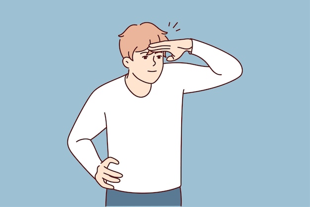 Young man raises hand to forehead to see distant object or protect eyes from sun rays Vector image