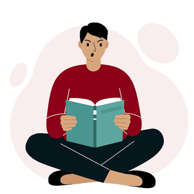 Young man reads a book, legs crossed. Angry, aggressive. Leisure and education concept. The concept of a book festival, fair, reading. Vector illustration