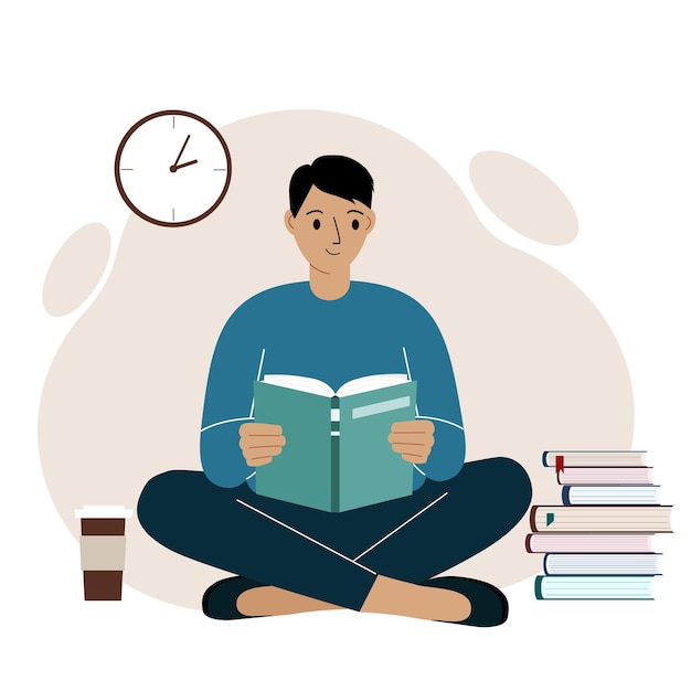 Young man reads a book, legs crossed. Leisure and education concept. The concept of a book festival, fair, reading. Vector illustration