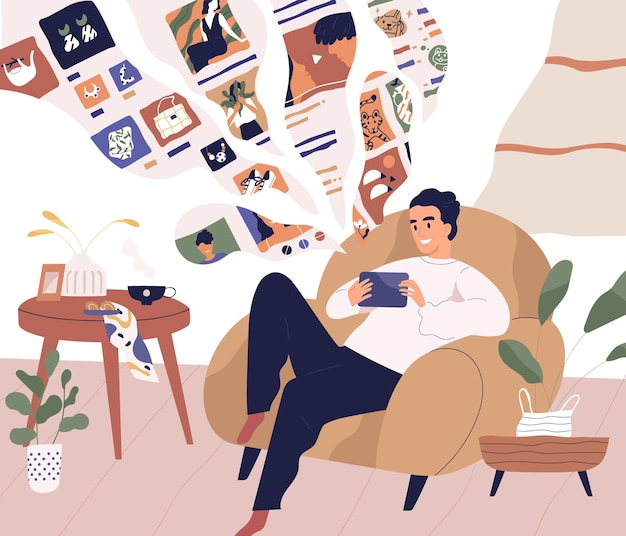 Young man relaxing at home and using tablet PC. Guy surfing internet with smartphone, chatting and shopping online while sitting in armchair in cozy room. Colored flat vector illustration.