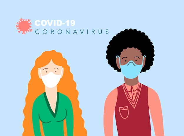 Young man in a respirator and a young woman in a medical mask coronavirus covid19 concept