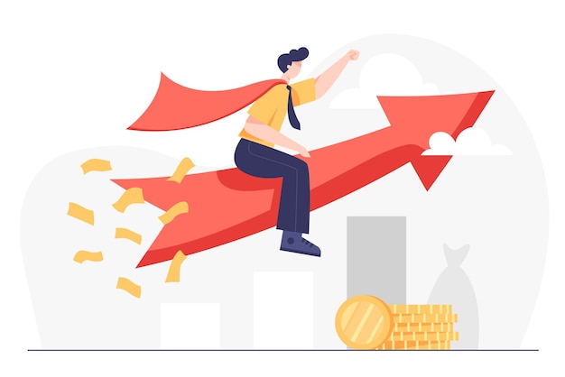 A young man rides an arrow into the sky. He was the hero who led the company to grow and prosper. Vector cartoon illustration flat design