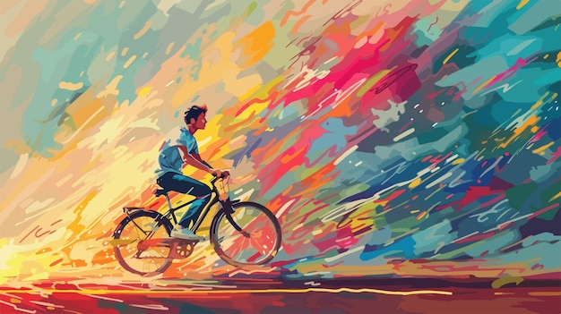 Young Man Riding a Bicycle with Colorful Energy