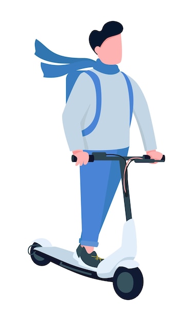 Young man riding kick scooter semi flat color vector character