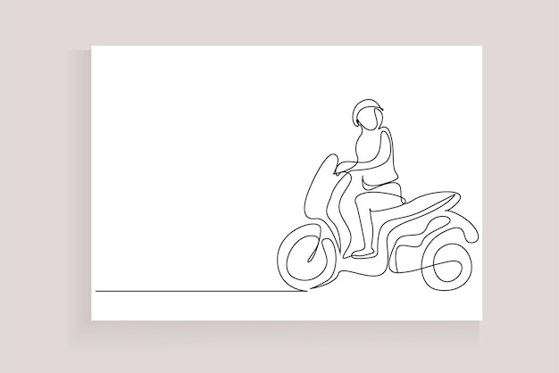 young man riding motorcycle motor sitting waiting one line drawing