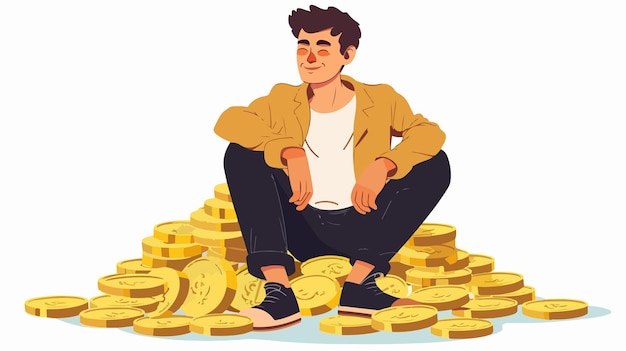 Vector young man seated in pile of coins and cash money dollars hand drawn illustration