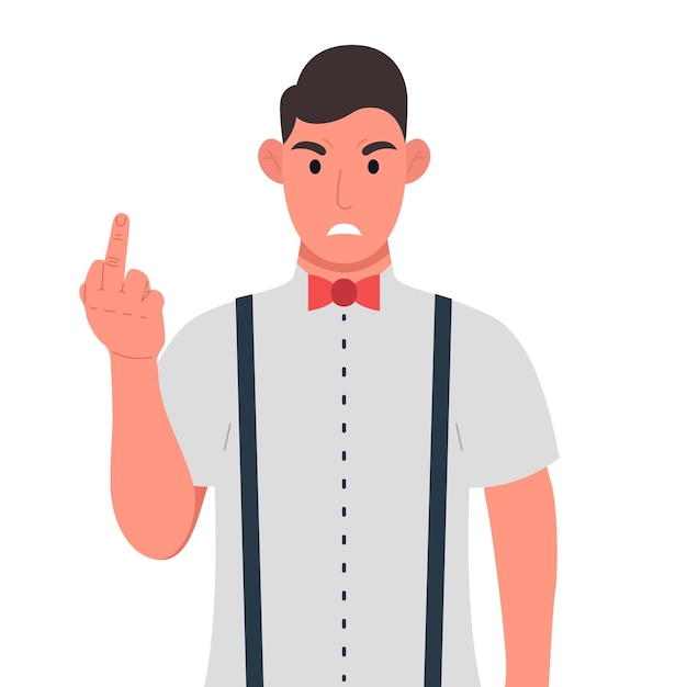 Young man showing off middle fingers Obscene gesture Vector illustration