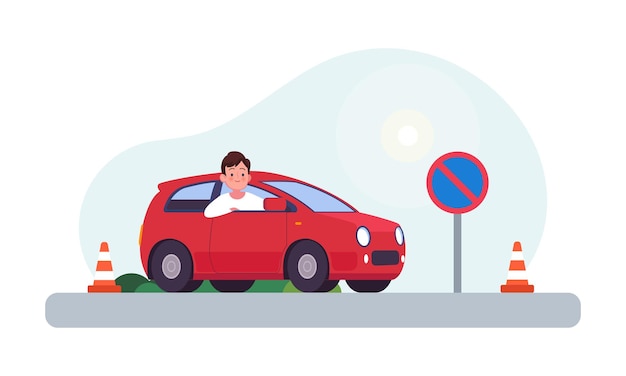 Young man siting in red driving school car outdoor