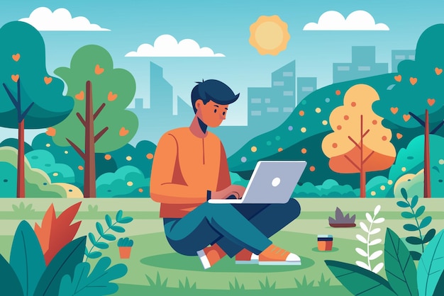 Vector a young man sits crosslegged on a grassy area focused on his laptop as bright sunlight filters through the vibrant greenery of a park