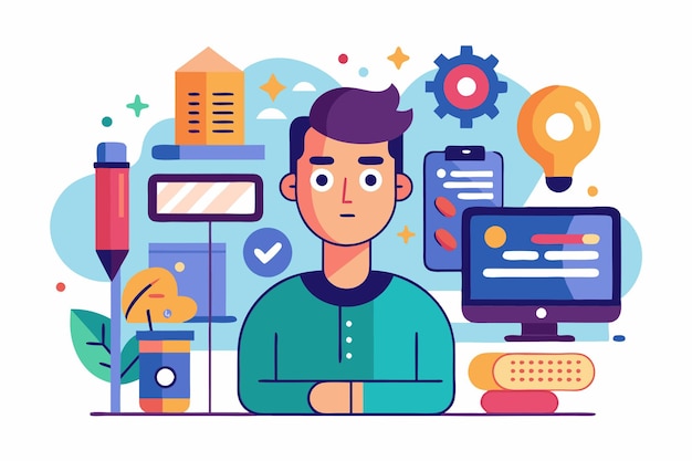 A young man sits at his workspace surrounded by digital tools creatively focusing on design tasks Customizable flat illustration with a touch of logic