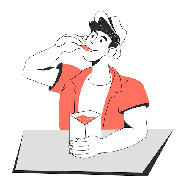 Young man sits at a table and eats snacks from a box cartoon vector illustration