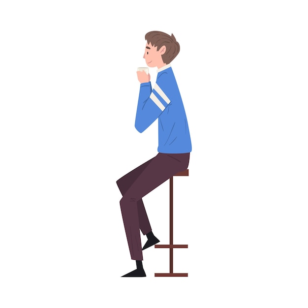 Young man sitting on chair at bar drinking coffee and relaxing vector illustration