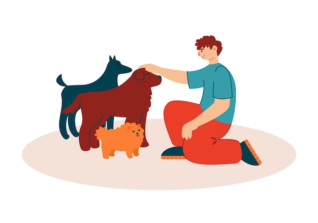 Young man sitting near dogs, petting animals outside. Protection and care for homeless dogs. Zoo volunteer helping shelter pets. Flat vector illustration in blue and red colors