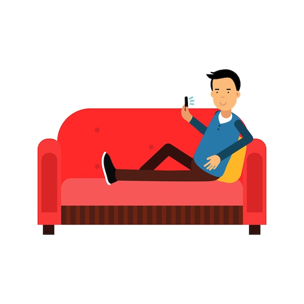 Young man sitting on a sofa using his smartphone vector Illustration isolated on a white background