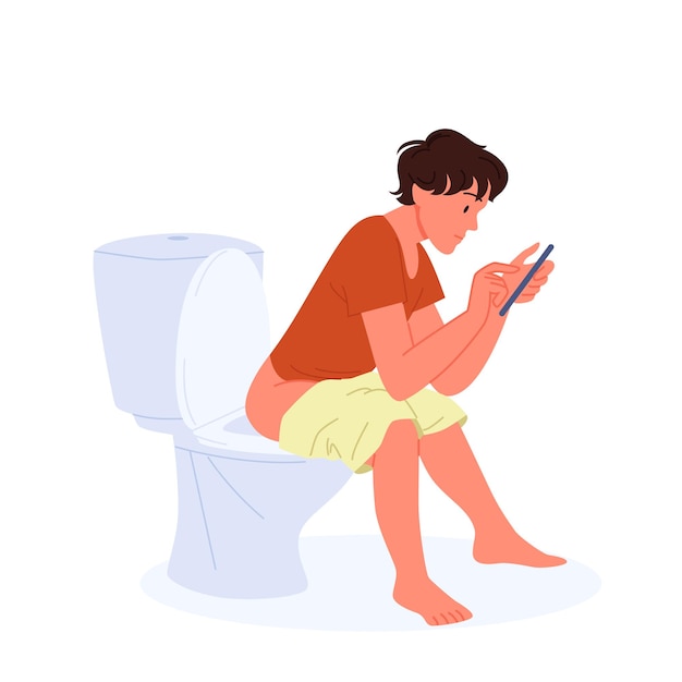 Vector young man sitting on toilet bowl with smartphone funny guy texting using mobile phone