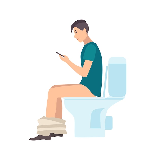 Vector young man sitting on toilet, holding smartphone and surfing internet while pooping isolated on white background. male cartoon character spending time in wc, restroom or lavatory. vector illustration.